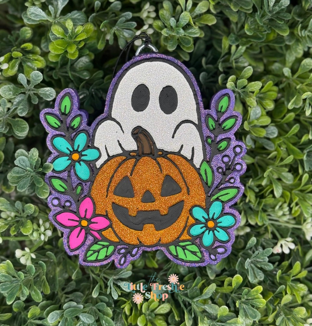Ghost With Flowers and Pumpkin Freshie